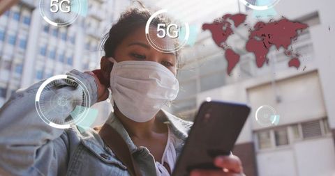 Masked woman using smartphone outdoors with 5g technology graphics