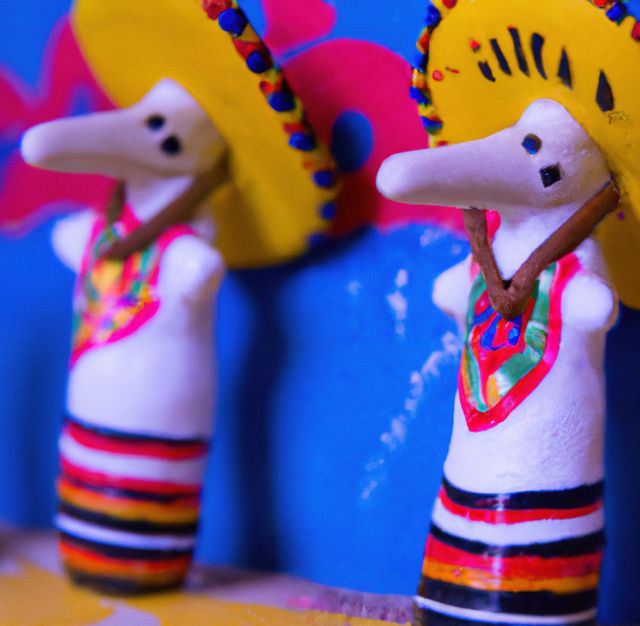 This vibrant image features handmade Mexican clay figurines adorned with traditional sombreros, reflecting the rich cultural heritage of Mexico. Ideal for use in content related to Mexican art, folk art, cultural celebrations, and tourism promotions. Perfect for websites, blogs, or social media posts focusing on Mexican traditions, crafts, and decoration ideas.