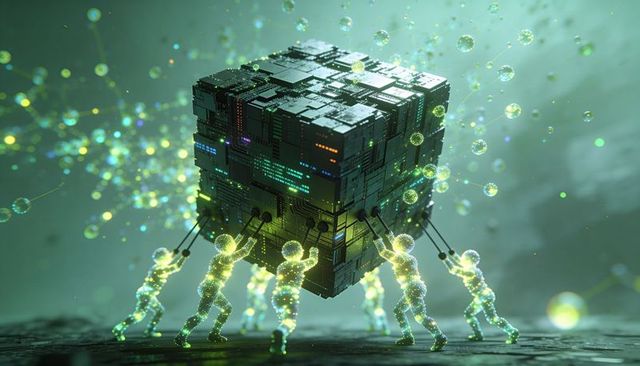 Particle agents stabilizing glowing data cube with tether rods