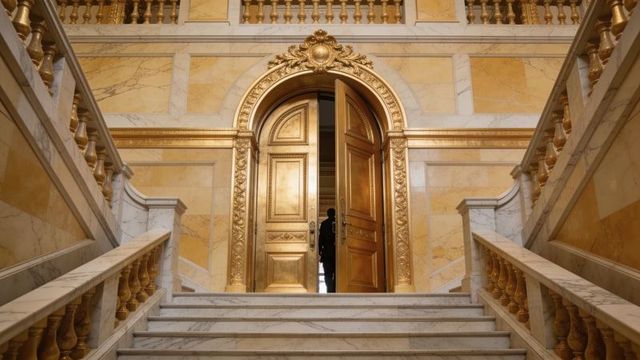 Silhouetted figure standing on marble staircase revealing gilded double doors in opulent palace