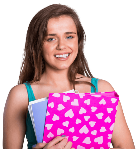 smiling young woman holding books with pink heart pattern on transparent background - Download Free Stock Videos Pikwizard.com