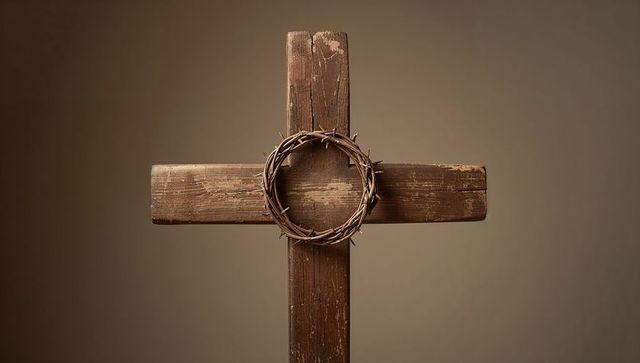 Crown of thorns on rustic wooden cross against brown background