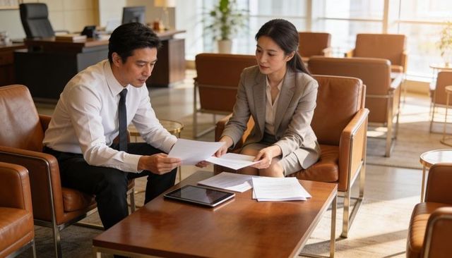 Asian business colleagues reviewing documents in modern office lounge discussing strategy
