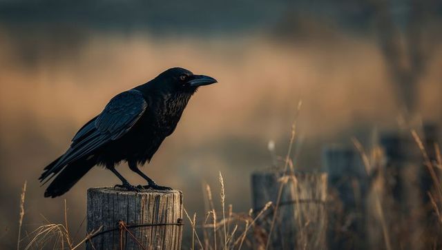Solitary Crow Perching on Rustic Fence Post in Rural Meadow