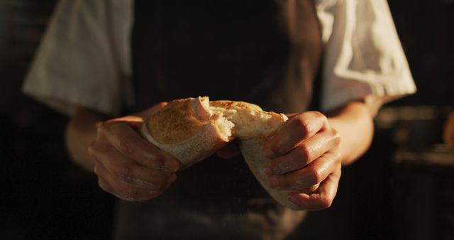 This image depicts a chef in a kitchen breaking a fresh, homemade loaf of bread. The focus is on the chef's hands and the bread, showcasing the texture and artisan quality of the product. Useful for illustrating culinary skills, bakery promotions, cooking blogs, and advertisements related to bread and homemade food products.
