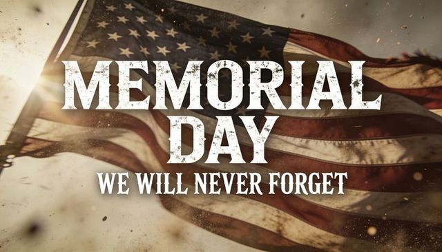 Worn american flag waving in sunlight with memorial day we will never forget banner