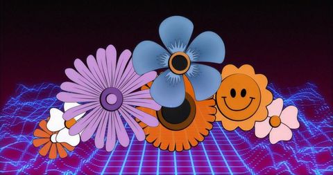 Floating retro neon flower collage over glowing grid with glitch waves and smiling bloom