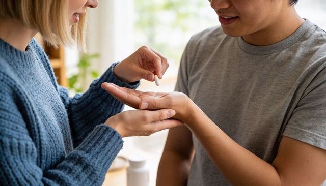 Couple sharing medication at home woman placing pill into partner's palm for wellness