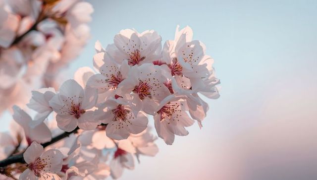 Close-up Blooming Pale Pink Cherry Blossoms Glowing in Soft Pastel Morning Light