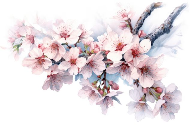 Painting featuring a delicate cherry blossom branch with pink flowers and tender stems, perfect for use in springtime decorating projects, graphic designs, or botanical-themed artwork. Its soft hues and natural elegance make it suitable for home decor, wedding invitations, background art, and floral arrangements. The watercolor style adds an artistic touch to both creative and commercial designs.