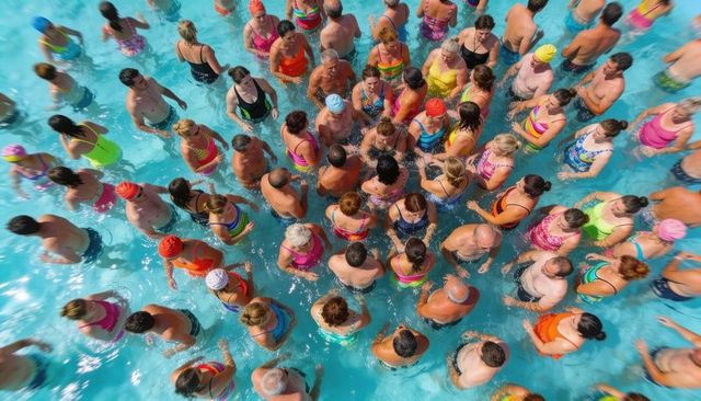 Aerial crowd of swimmers in colorful swimwear and caps at busy public pool