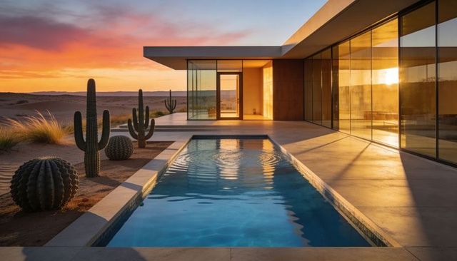 Modern glass desert villa bathing in golden hour light with plunge pool and scenic cacti
