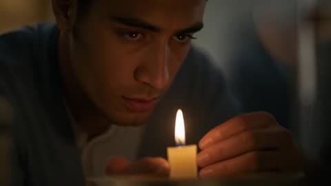 Man steadying candle flame while leaning close, contemplative closeup in low light