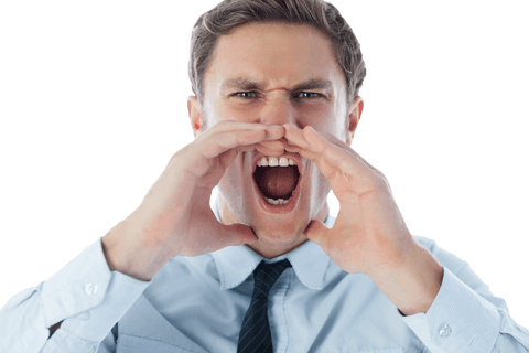 Caucasian businessman shouting with hands framed on transparent background