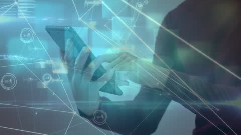 Hands Typing on Smartphone with Digital Networking Overlay