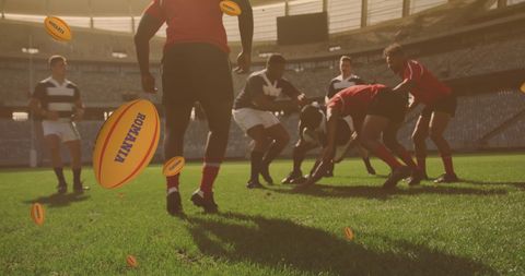 Diverse rugby players competing in stadium with romania branded balls
