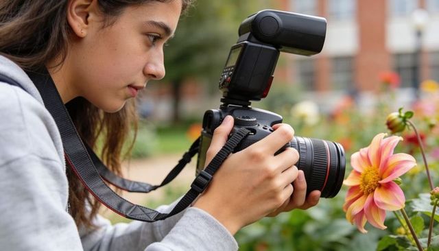 Teen girl photographing flower with dslr and external flash, closeup macro portrait