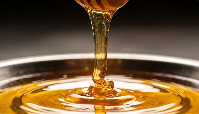 Pouring golden honey stream from wooden dipper into stainless bowl close-up macro food texture