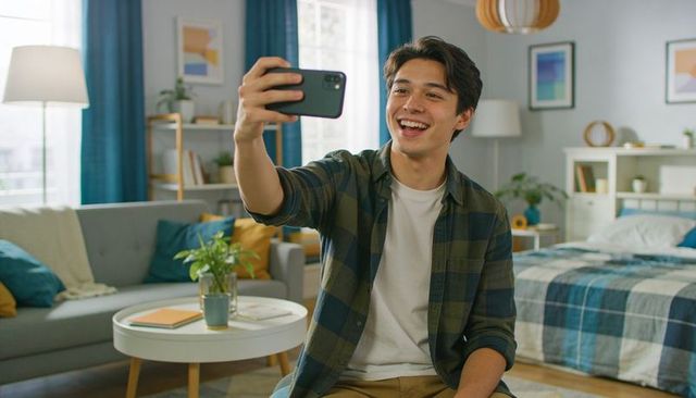 Smiling asian man taking selfie in bright bedroom with smartphone, modern casual lifestyle