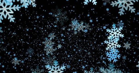 Stylized snowflakes floating on black winter backdrop