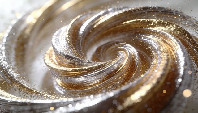 Shimmering gold and silver swirl forming metallic vortex with glittering bokeh highlights