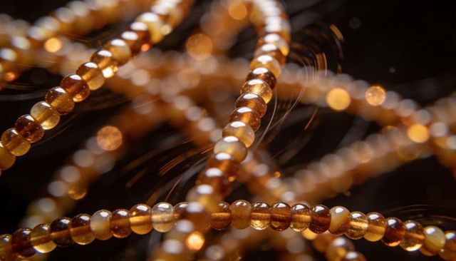 Glowing honey amber glass bead strands curving with golden bokeh macro texture