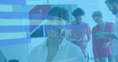 Business Team with Digital Overlay in Modern Office Setting