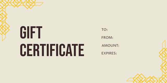 This elegant gift certificate template features sophisticated yellow borders, providing a luxurious design for exclusive rewards. Customizable fields include 'To', 'From', 'Amount', and 'Expires'. Ideal for upscale businesses offering gift vouchers, loyalty rewards, or exclusive promotions.