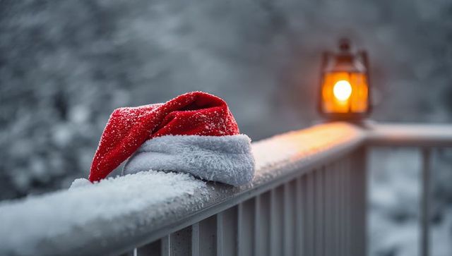 Red santa hat resting on snow-covered railing with warm lantern glow at twilight holiday