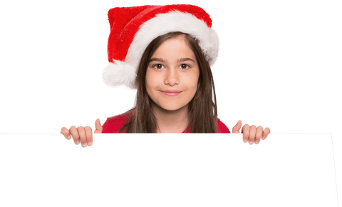 Transparent Background Child in Santa Hat Holding Blank Sign