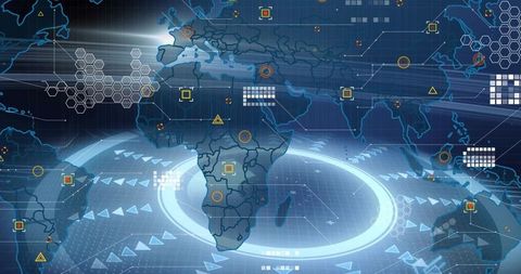 Holographic Global Network Dashboard Centering Africa with Radar Ring and Data Nodes