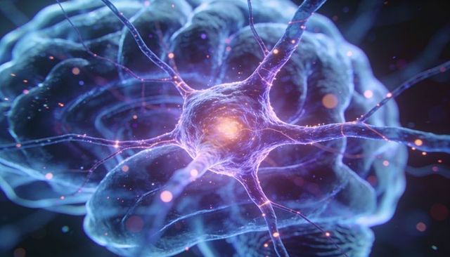 Glowing neuron transmitting electric pulses through dendrites and axon in neural network