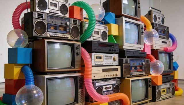Retro electronics sculpture stacking crt tvs and boomboxes with colorful tubing and spheres