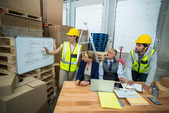 Warehouse workers and managers are gathered around a table, actively discussing a logistics plan displayed on a whiteboard. They are wearing safety vests and hard hats, indicating a focus on safety and efficiency in an industrial setting. This image is ideal for illustrating concepts related to warehouse management, logistics planning, teamwork, and industrial business meetings.