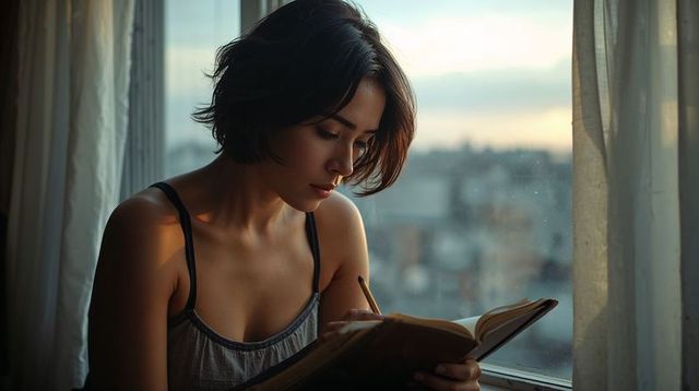 Asian woman journaling on windowsill at dusk with city skyline, contemplative evening routine