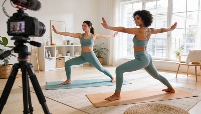 Recording home yoga session with instructor leading warrior ii pose