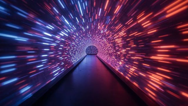Futuristic curved led tunnel illuminating vibrant colors