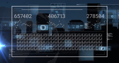 Futuristic Data Processing Animation Over Cityscape