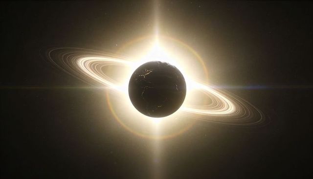 Backlit ringed planet silhouette with halo and nightside city lights at solar eclipse