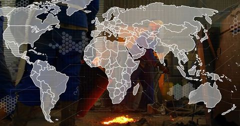 Industrial Blacksmith at Work with Global Network Overlay