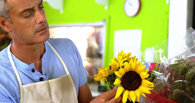 Male Florist Arranging Fresh Sunflowers in Flower Shop - Download Free Stock Images Pikwizard.com