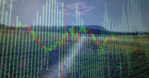 Stock chart overlay on rural countryside landscape