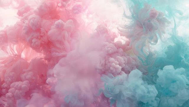 Billowing pastel pink and teal ink clouds forming cauliflower plumes