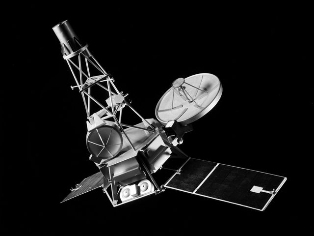 A model of the Mariner-C spacecraft at the National Aeronautics and Space Administration (NASA) Lewis Research Center for a June 1964 Conference on New Technology. Mariner-C and Mariner-D were identical spacecraft designed by the Jet Propulsion Laboratory to flyby Mars and photograph the Martian surface. Mariner-C was launched on November 4, 1964, but the payload shroud did not jettison properly and the spacecraft’s battery power did not function. The mission ended unsuccessfully two days later. Mariner-D was launched as designed on November 28, 1964 and became the first successful mission to Mars. It was the first time a planet was photographed from space. Mariner-D’s 21 photographs revealed an inhospitable and barren landscape.     The two Mariner spacecraft were launched by Atlas-Agena-D rockets. Lewis had taken over management of the Agena Program in October 1962. There had been five failures and two partial failures in the 17 Agena launches before being taken over by NASA Lewis. Lewis, however, oversaw 28 successful Agena missions between 1962 and 1968, including several Rangers and the Mariner Venus '67.