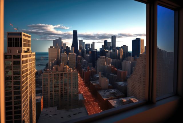 Beautiful evening view of Chicago's cityscape from a high-rise window as the sun sets, highlighting the dramatic skyline and city lights. Ideal for use in travel brochures, city guides, architecture magazines, and as a background for presentations or websites.