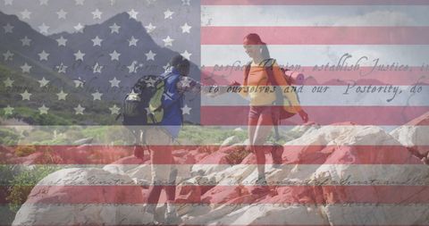 Patriotic Overlay: Couple Hiking with American Flag and Constitution Words