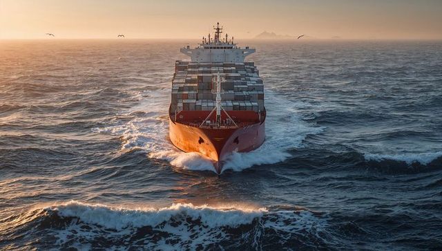 Red container ship cutting through ocean waves at golden hour with stacked containers