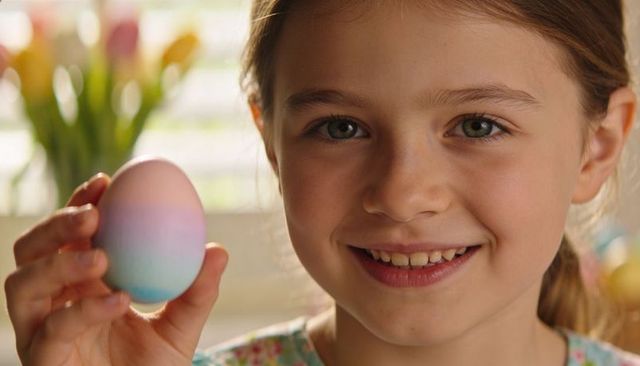 Smiling preteen holding pastel-dyed easter egg by sunlit window with tulips