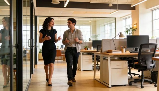 Walking colleagues discussing strategy in modern open-plan office with glass walls, daylight