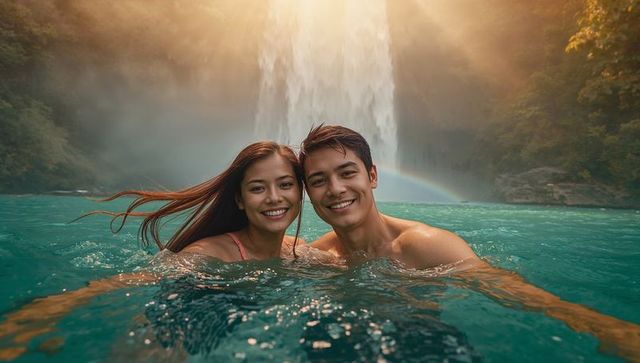 Romantic Couple Enjoying a Waterfall Swim under a Rainbow